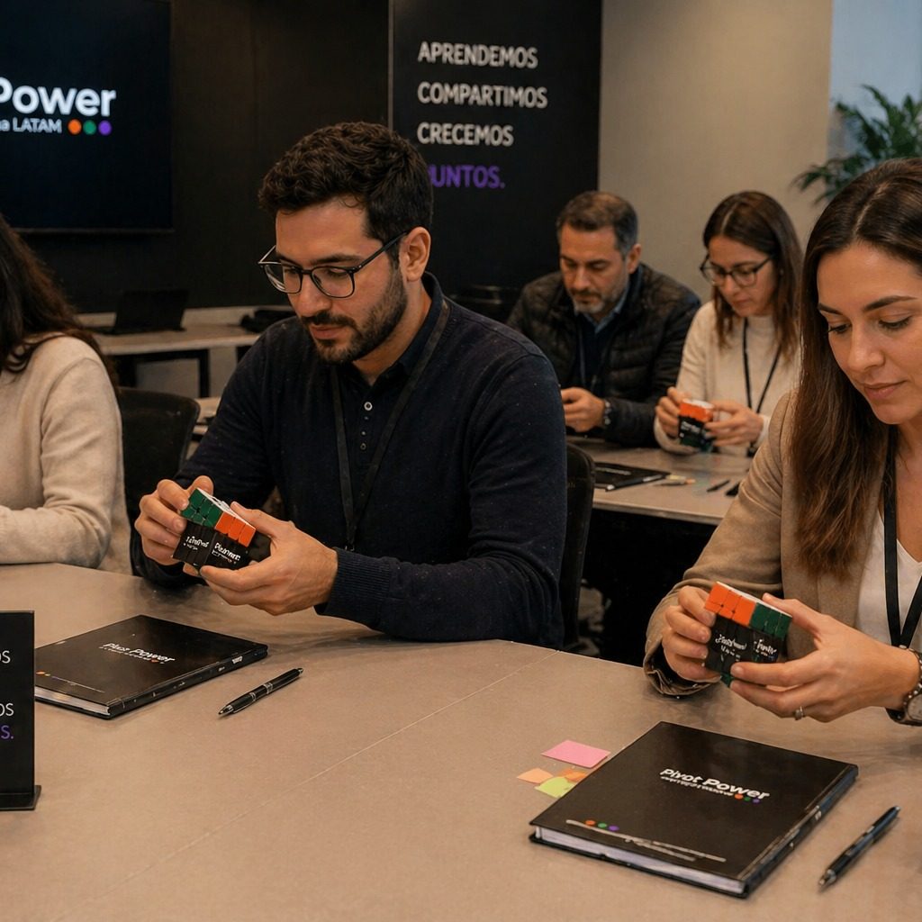 Líderes resolviendo el cubo Rubik en sesión de co-creación